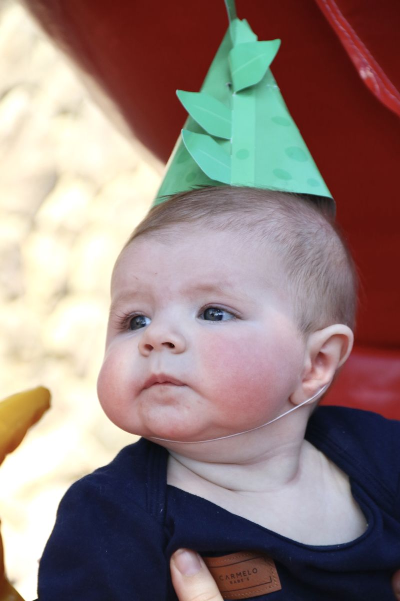A baby in a green leafy party hat looking up